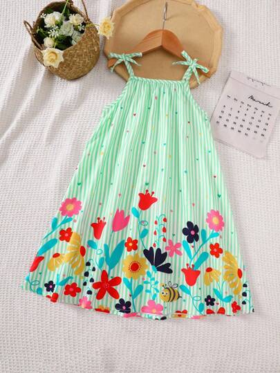 Young Girls Flower Printed Casual & Holiday Slip A-Line Dress Summer Dress Girls Floral Sundress Green Striped Dress Young Girl Summer Dress Floral Sundress Summer Dress Summer Dress Young Girl Floral Dress