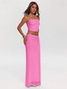 SHEIN BAE Bộ đồ hè 2 món: Áo corset xếp ly màu trơn thanh lịch và chân váy. - Màu Hồng  Dưa hấu - Xem 5