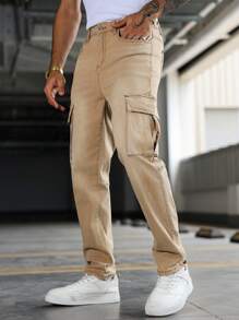 Manfinity Homme Quần Jeans Jeans Cargo Denim Vintage Thường Ngày Cho Nam - Màu be - Xem 5