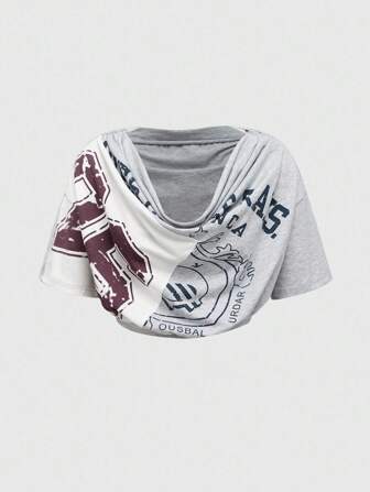 Street Life Crop top in stile vintage Y2K con stampa patchwork e orlo tagliato, stile casual sportivo, spalla asimmetrica, camicia sexy per donne