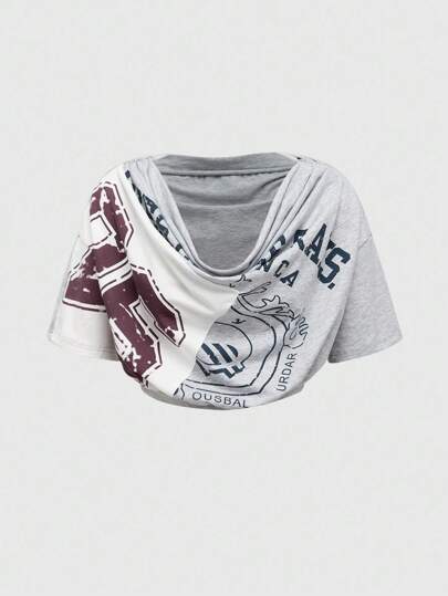 Street Life Blusa corta recortada con estampado vintage de retazos tipo Y2K para mujeres, estilo deportivo casual con hombro asimétrico y sexy