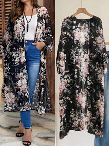 EMERY ROSE Plus Size Casual Loose Fit Sheer Cardigan Sweater, Plus Size Women Clothes,Versatile For Everyday Wear, Floral Kimono, Long Kimono, Plus Size Western Outfits Women,Suitable For Early Autumn,Going Out Outfits,Western Outfits ,Women Vacation Outfits,Early ,Fall Women Clothes,Fall Clothes For Women ,Spring - Black - View 1