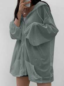 DAZY Cardigan Wanita Ukuran Besar dengan Tudung dan Motif di Bagian Belakang, Jaket Tipis Ringan, Putih, Musim Semi/Panas/Gugur - Baby Blue - View 5