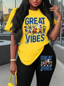 Maweii Conjunto de 2 piezas de talla grande, conjunto de verano lindo con estilo de ropa urbana, gráfico de manga corta, vibra de vacaciones