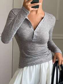 DAZY Women Round Neck Half-Button Closure Fitted Long Sleeve Casual T-Shirt,Fall Women Clothes