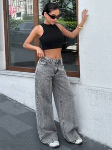 EURMUSE JEANS FEMME AMPLE À TAILLE BASSE ET JAMBES LARGES POUR UNE UTILISATION QUOTIDIENNE DÉCONTRACTÉE - Gris - Voir 5