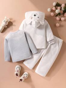 SHEIN 幼儿男童可爱熊耳朵毛绒面料舒适柔软长袖T恤和裤子套装 - 彩色 - 查看 2