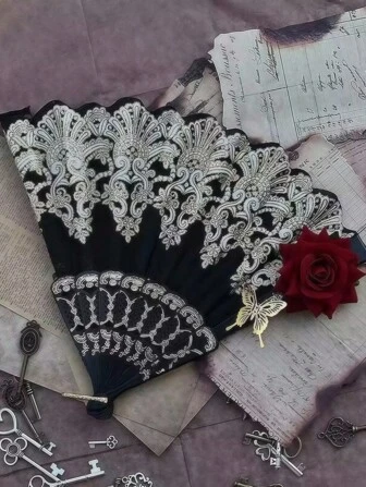 Goth 1pc Gothic Lace Folding Fan - Exquisite Fan,Victorian Style Handheld Fan For Dark Photo Shoots, Cosplay Props, Elegant Vintage European Decor