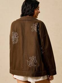 Easelle 女装春夏复古休闲波西米亚风欧美女孩个性时尚前卫现代街头重工抽象图案刺绣棉质翻领宽松棕色谷仓夹克秋冬 - 棕色 - 查看 2
