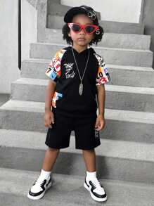 SHEIN Young Boy Graphic Print Short Sleeve Contrast Raglan Sleeve Hoodie And Shorts Set, Suitable For Summer Getaway, Holiday, Travel, Relax, Sunbathing - Black - View 3