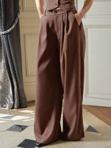 lacRébo 棕色修身阔腿裤，前褶低腰，教师装，办公室装 - 棕色 - 查看 8