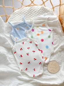 3pcs/Set Newborn Baby Girl Cute Knitted Plaid & Floral Pattern Strap Bodysuit For Summer Print - Multicolor - View 2