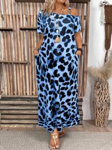 EMERY ROSE Plus Size Leopard Print Asymmetric Neckline With Round Ring Decor Elegant Bodycon Mini Dress Maxi Women Outfit - Royal Blue - View 3