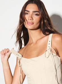 KIZN 斜纹系带紧身胸衣背心，带金属环，紧身胸衣，无袖时尚骨架紧身胸衣，适合节日夏季海滩派对俱乐部穿着街头服饰 - 杏色 - 查看 4