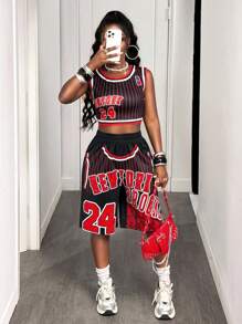 BamGleam 女式夏季字母条纹短款上衣和短裤两件套，休闲 - 黑色 - 查看 3