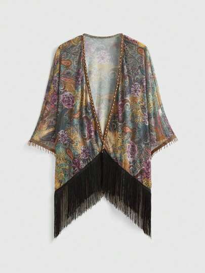 Cárdigan superior asimétrico con flecos y estampado de paisley en estilo retro hippie western para mujer, sin mangas