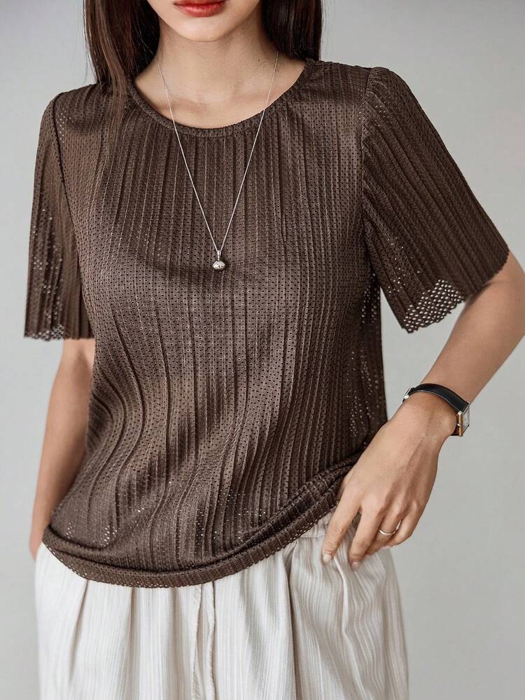 Women's Loose Casual Striped Hollow-Out Crew Neck Short Sleeve T-Shirt, Simple Office/Commute Wear, Summer Business Casual Woman