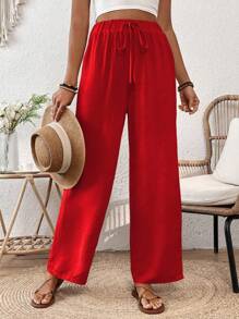 SHEIN LUNE Loose Straight Elastic Drawstring Textured Wrinkled Fabric Spring Summer Pants - Red - View 6