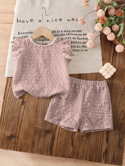 SHEIN Vintaside Kids 2 件套女婴休闲甜美飘袖 T 恤背心上衣和短裤套装，0-3 岁，春夏