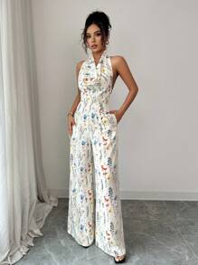 Rafferiza Damen Urlaubsoverall mit Blume Muster und Trägerhals, ärmellos - Aprikosenfarben - Übersicht 4