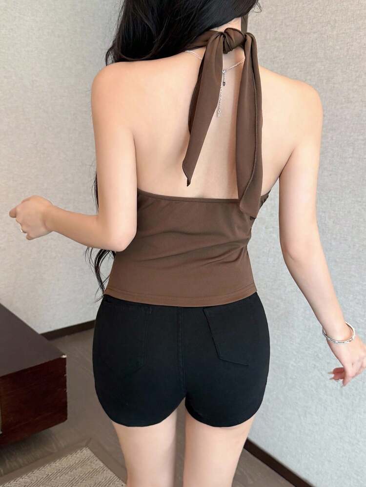SHEIN LUNE Fashionable New Metal Decor Backless Sexy Knit Women Tank Top - Coffee Brown - View 3