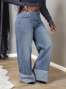 Slaydiva Plus Size Casual Fashionable Frill Hem Wide Leg Button Fly Jeans - Light Wash - View 2