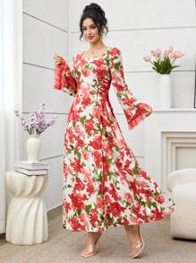 SHEIN Najma Váy thắt eo lưới in họa tiết phong cách Ả Rập cho nữ, mùa xuân/hè - Đỏ - Xem 3