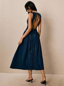 Poéselle 女式圆领无袖露背喇叭牛仔连衣裙，夏季时尚 - 深色水洗藍 - 查看 3