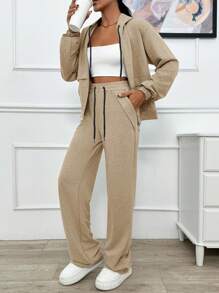 EURMUSE TWO PIECES TWO THREAD LIGHT GREY HOODIE SWEATSHIRT AND SWEATPANT WITH SPARKLE STONE DETAIL - Beige - View 3