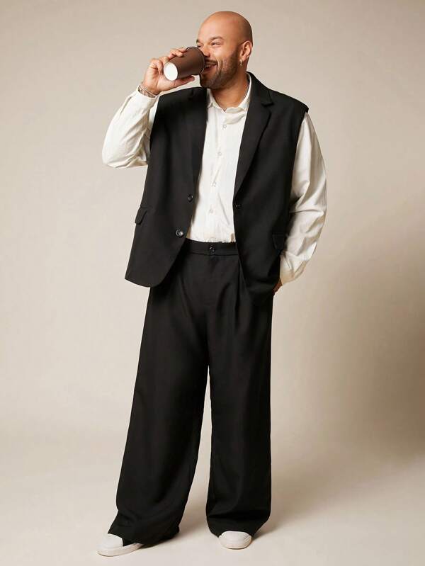 EASEVO Plus Size Men's Woven Sleeveless Jacket And Pants Suit Set