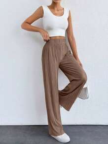 EURMUSE 女式纯色松紧腰褶皱直筒休闲裤 - 棕色 - 查看 3