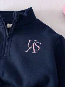 SHEIN 2 件套女婴图案保暖内衬保暖运动衫和裤子套装，适合秋冬季户外和室内穿着