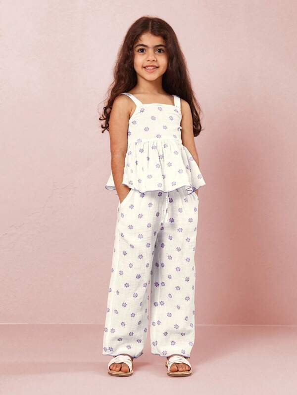SUMWON Girls Summer Floral Print Peplum Top Co Ord Set With Wide Leg Palazzo Pants Square Neck Sleeveless Beach Holiday Casual Wear