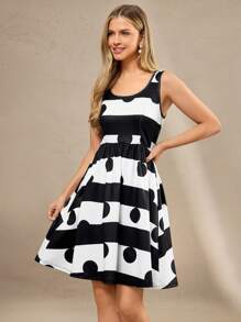 Amorya 女式圆领无袖收腰修身几何印花 A 字型弹力针织优雅休闲连衣裙，适合春夏季 - 黑與白 - 查看 5
