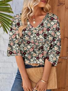 EMERY ROSE Áo sơ mi nữ cổ chữ V rộng rãi, tay 3/4, thích hợp cho mùa hè - Nhiều màu - Xem 3