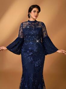 Serin Plus Size Elegant Navy Blue Minimalist Stand Collar Sequins Embellished Chiffon Mesh Splice Long Sleeve Sparkly Crystal Mermaid Hem Blouse, Bridal Mother Outfit - Navy Blue - View 4