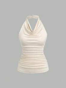 Sweetra Women's Pleated Fashionable Slim Fit Solid Color Halter Neck Top