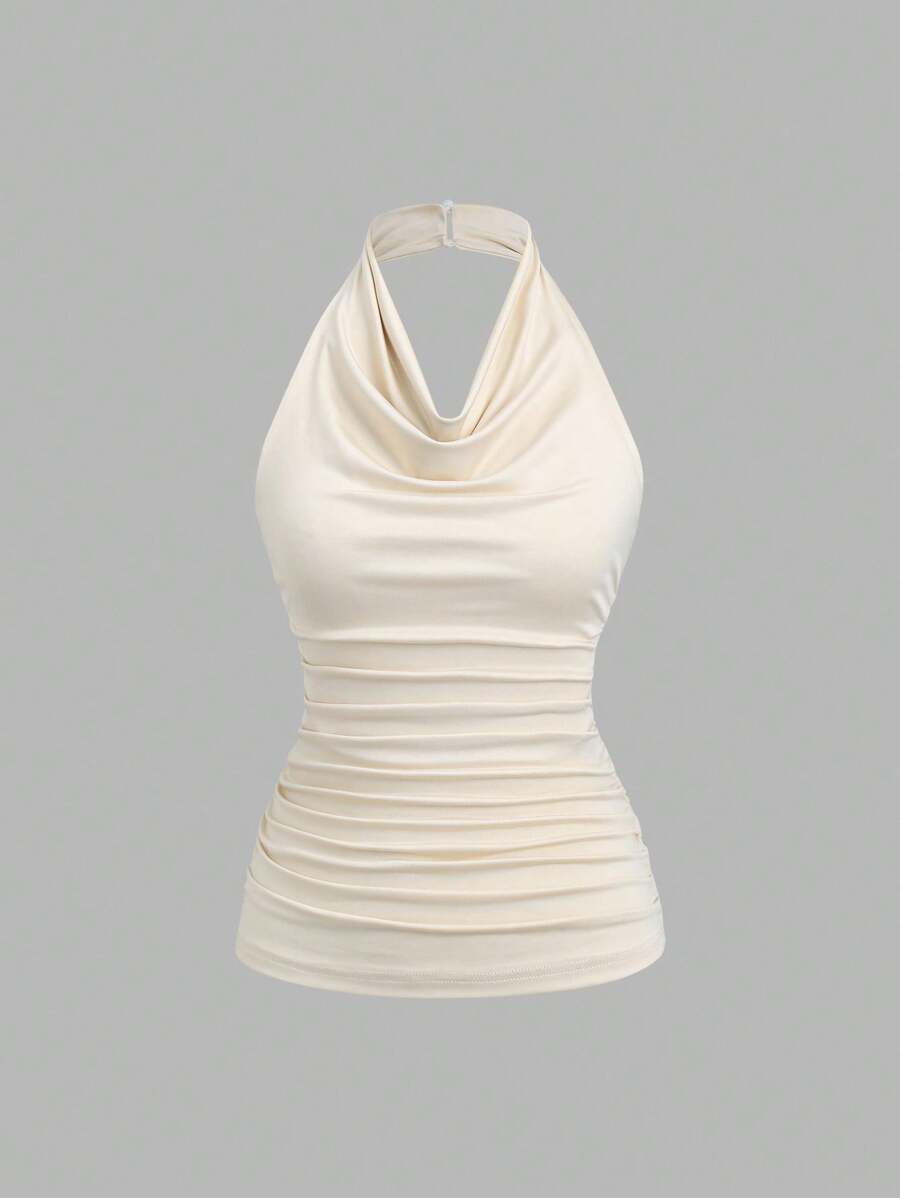 Sweetra Women's Pleated Fashionable Slim Fit Solid Color Halter Neck Top