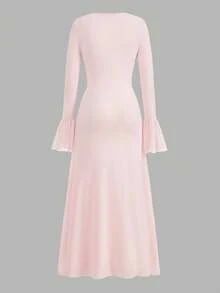 Auralis 大码女士优雅长裙，秋季连衣裙，粉色连衣裙，可爱淑女裙，长袖连衣裙，秋季女装秋季女士服装女士生日礼服女士连衣裙优雅裹身裙 - 粉色 - 查看 2