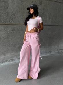 Coolane Teen Girls Clothing For Petite Girls Fall Clothes, Pink Bowknot  Quick-Drying Straight Pants Summer Elastic Waist Tie-Belted Utility Pants With Pockets,Back To School, Homecoming - Pink - View 4