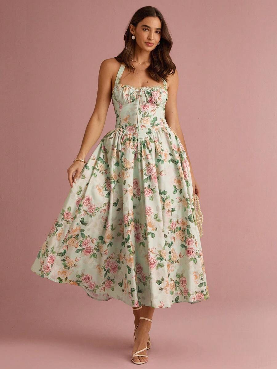 Enchnt Váy dài công chúa hở lưng in họa tiết hoa hồng màu xanh bạc hà lãng mạn dành cho nữ mùa hè/thu - màu xanh lá - Xem 1