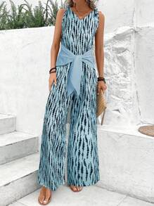 SHEIN Clasi V-Neck Twist Strap Women's All Over Allover Print Wide Leg Jumpsuit - Baby Blue - View 4