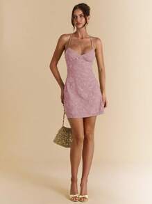 SHEIN BAE 夏季女式露背亮片提花绿色度假迷你连衣裙 - 藕粉色 - 查看 6