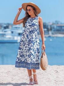 Sylviya 春夏休闲度假波西米亚风瓷器印花女士无袖中长连衣裙