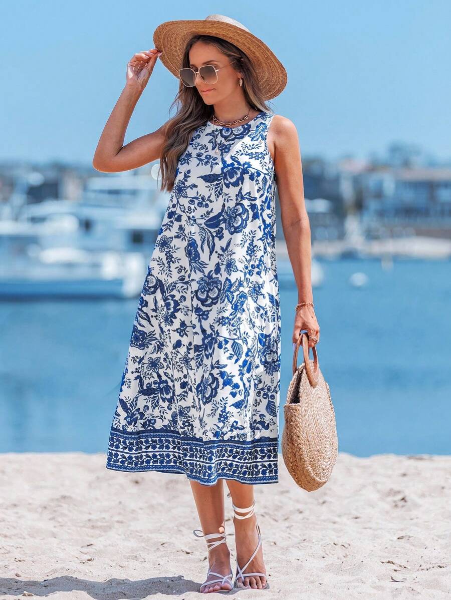 Sylviya 春夏休闲度假波西米亚风瓷器印花女士无袖中长连衣裙