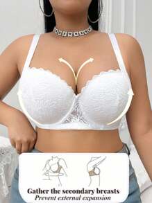 SHEIN Sujetador de talla grande de unicolor elegante con empalme de encaje y elevación - Blanco - Ver 3