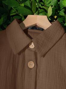 SHEIN EZwear Chocolate Brown Woven Women Short Sleeve Shirt And Shorts Casual Set - Chocolate Brown - View 4