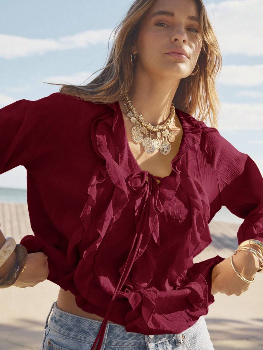 Aralina Ruffled V-Neck Long Sleeve Front Tie Blouse