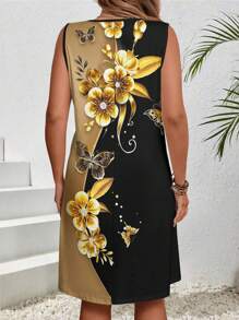 EMERY ROSE Plus Size Women Floral Print Crew Neck Sleeveless Tank Dress - Multicolor - View 2