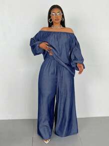 Maweii 2 件套大码纯色露肩长袖简约上衣和裤子套装 - 藏蓝色 - 查看 1